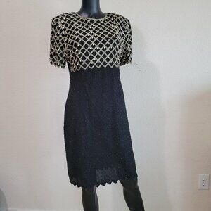 VTG LAURENCE KAZAR Size Medium 100% Silk Black Beaded Gatsby Art Deco Dress*